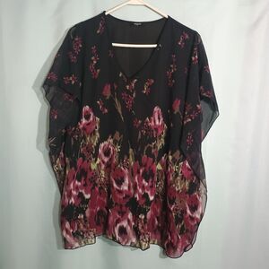 Black Burgundy Floral Chiffon Poncho Blouse V-Neck Sheer Boho Tunic Top